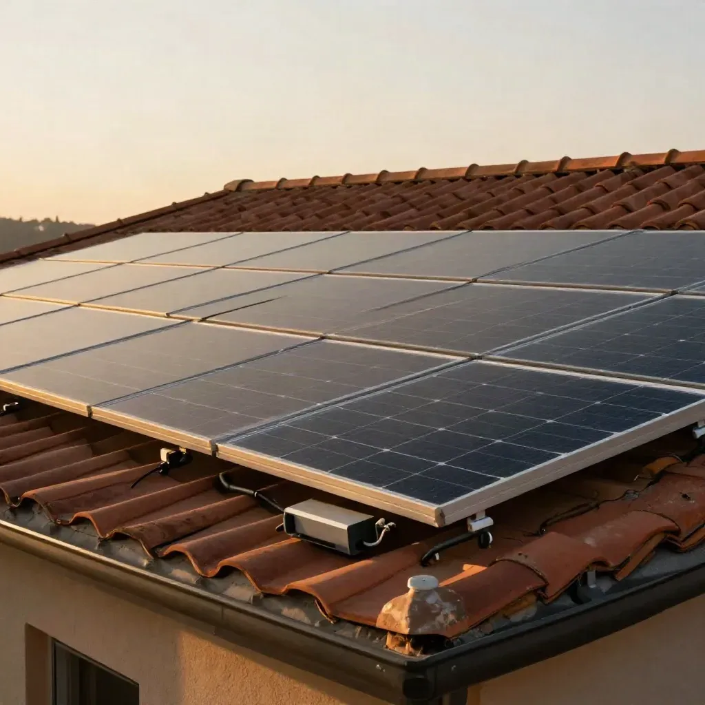 Rooftop solar panels on a clay-tile roof with inverter and conduit in golden sunlight