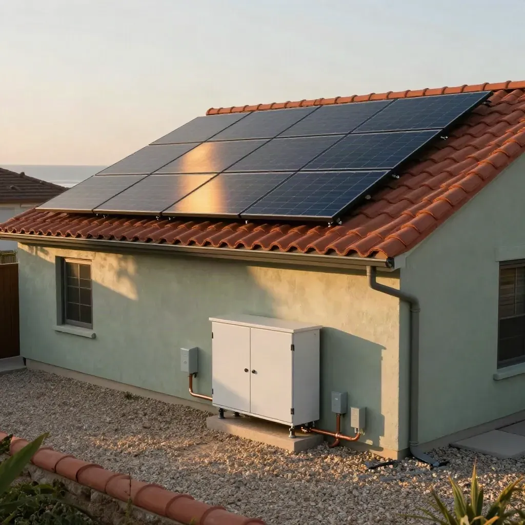 Solar panels on a tiled roof with battery storage beside a stucco wall at golden hour.