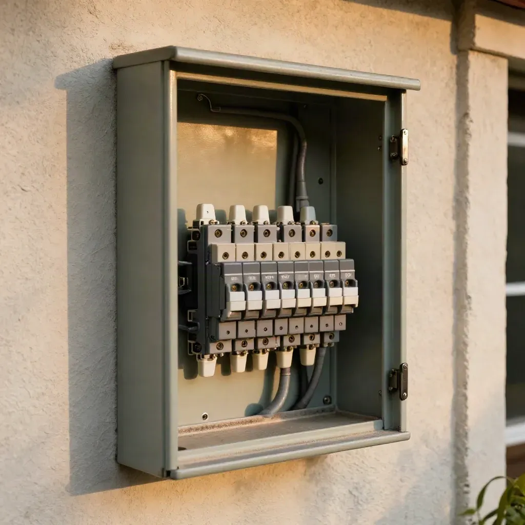 Open inverter cabinet on stucco wall with tidy repaired conduit and junction boxes