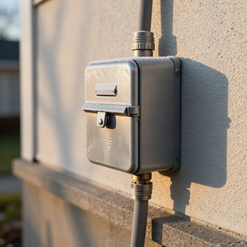 Frosted utility meter cover and sunlit solar service panel with roof shadows on a quiet side yard wall.