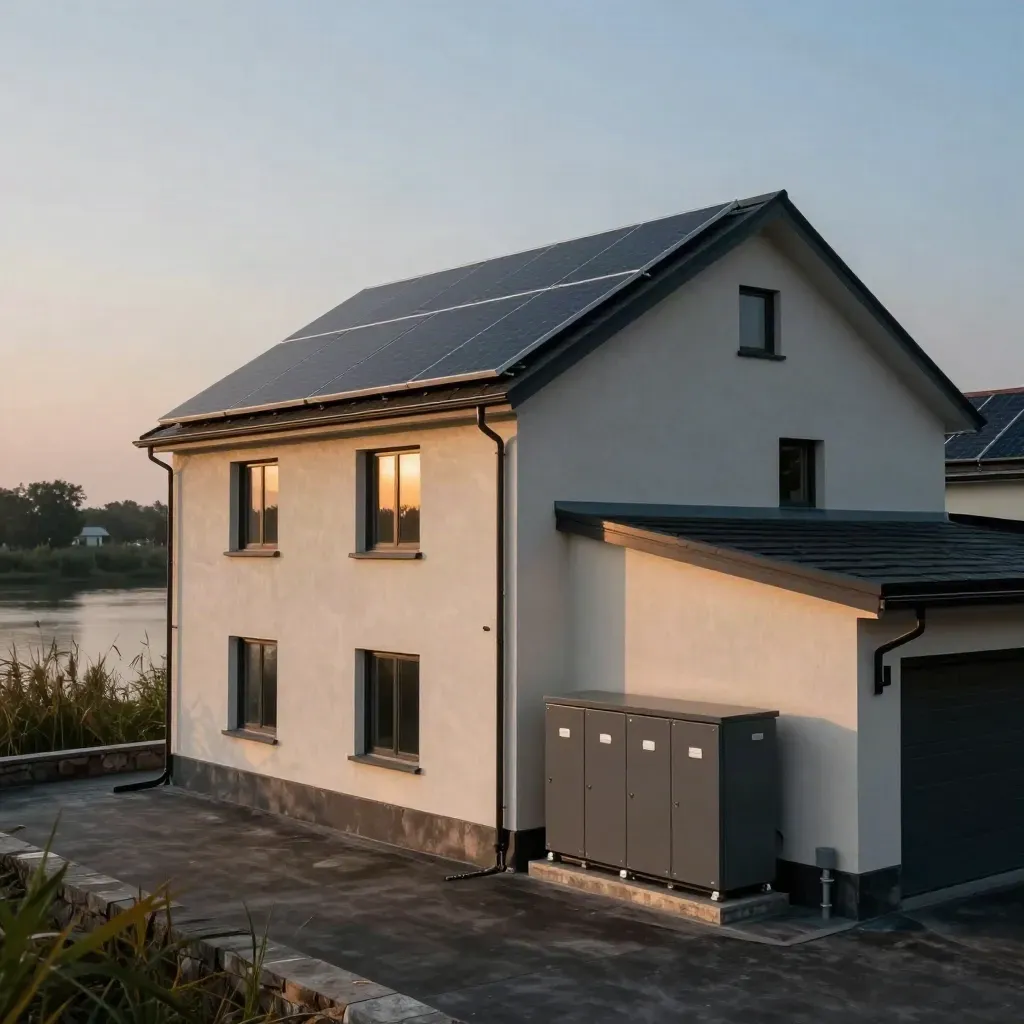 Riverside home with rooftop solar array and battery cabinet at blue hour