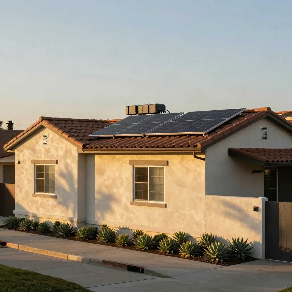 Twin solar arrays and battery bank on a warm stucco duplex at golden hour