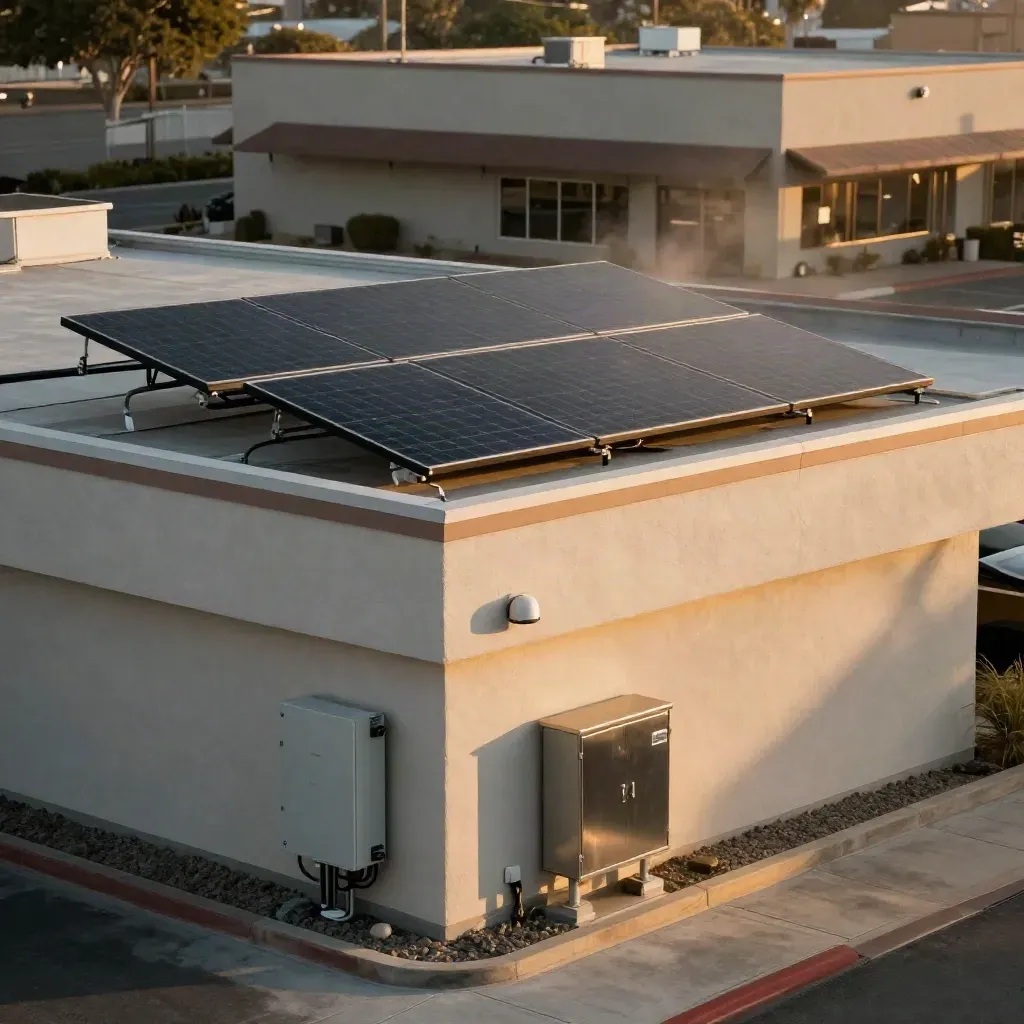 Compact rooftop solar array above a Laguna storefront in warm late-afternoon light