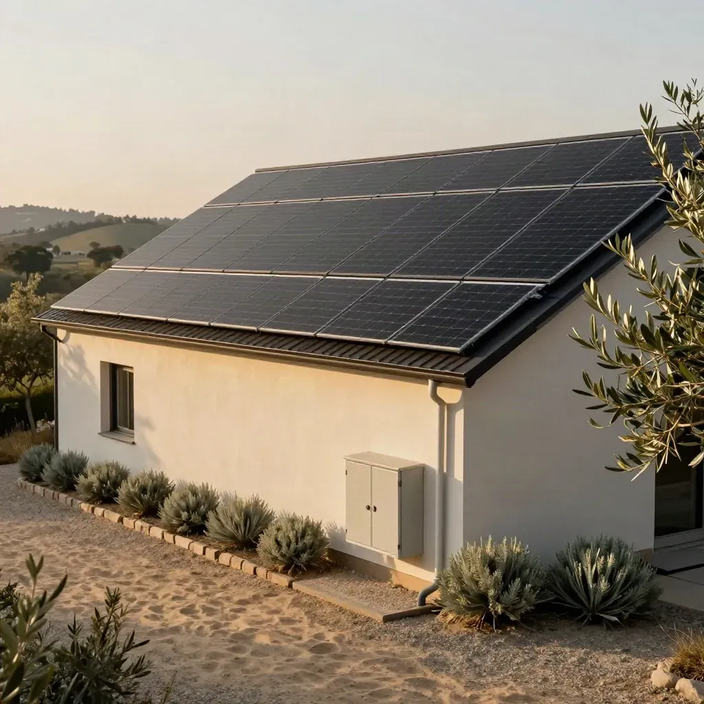 Pale farmhouse with full black solar panels on south and west roof planes at golden hour.