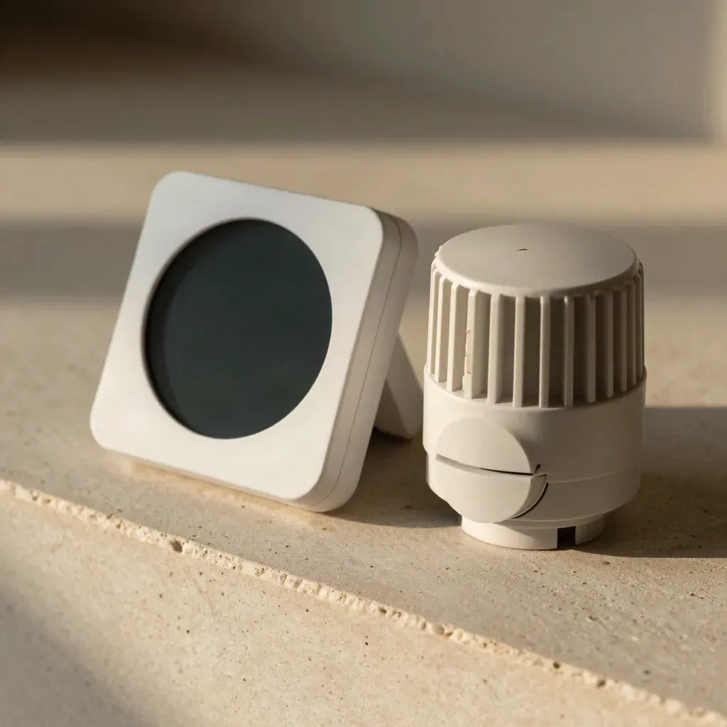 Smart home energy monitor, meter cover, and thermostat dial on pale stone in warm side light.