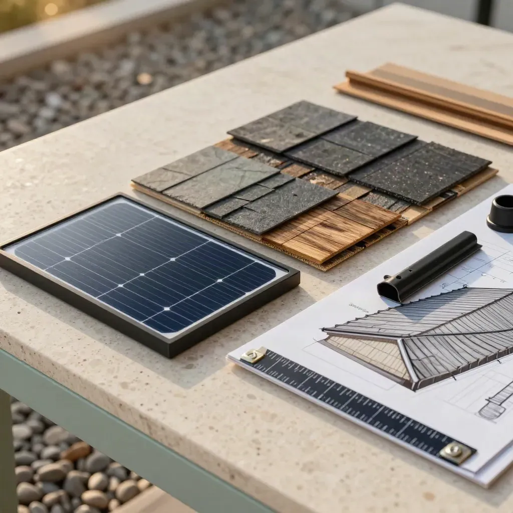 Solar panel corner, roof shingle swatches, and layout samples on pale travertine.