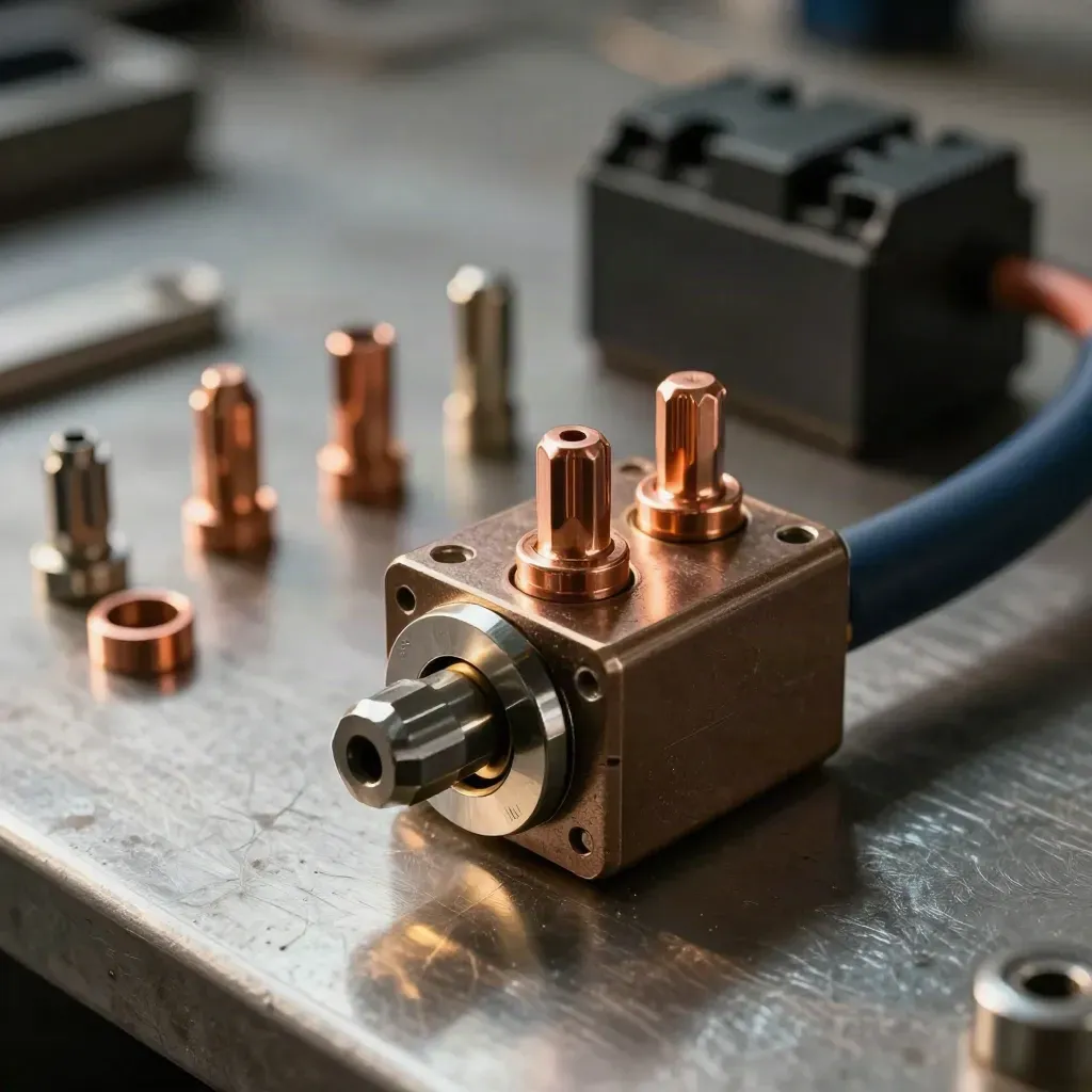 Battery module parts on a brushed-metal bench lit by warm workshop light.