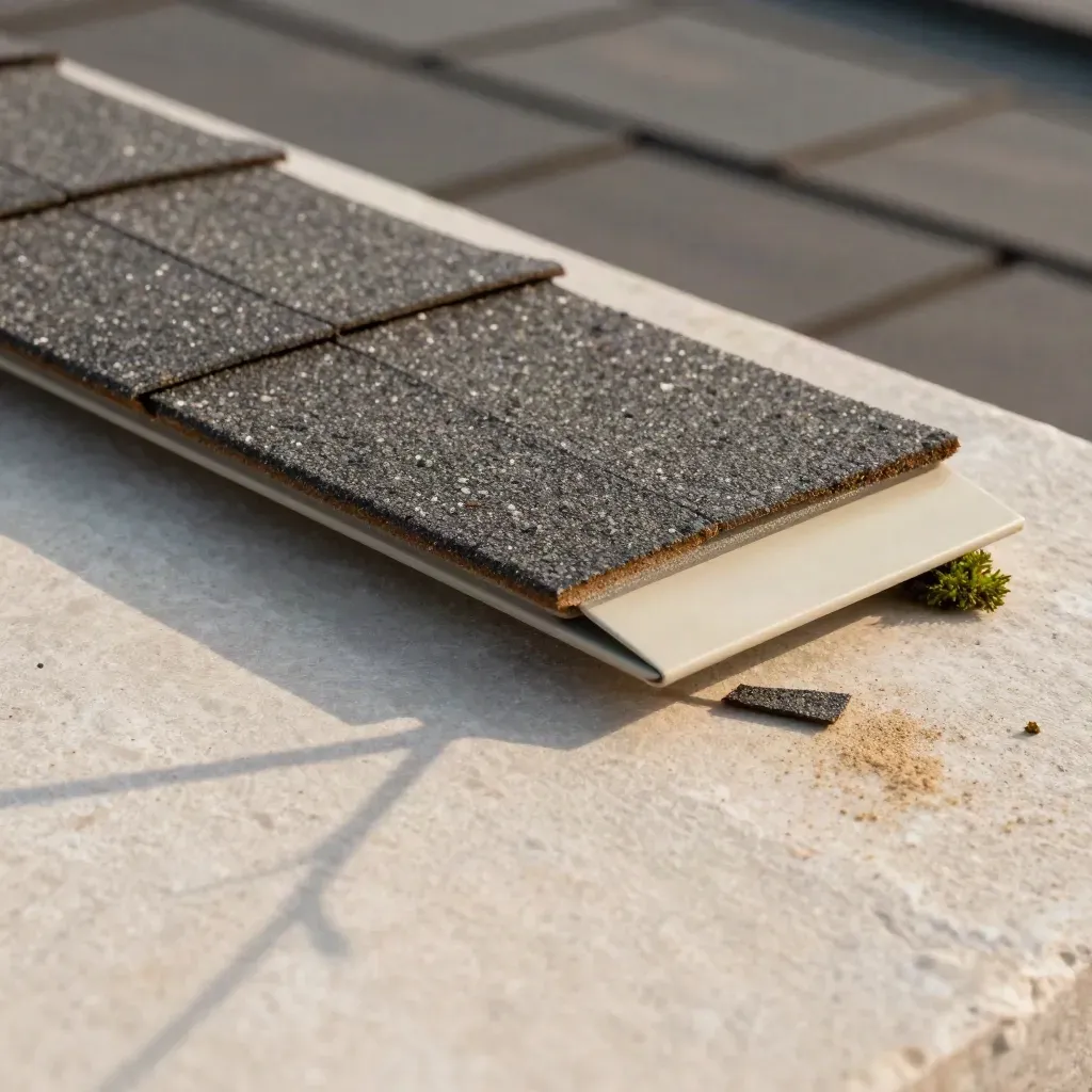 Top-down roof shingle still life with junction cover and branch shadow on pale stone.