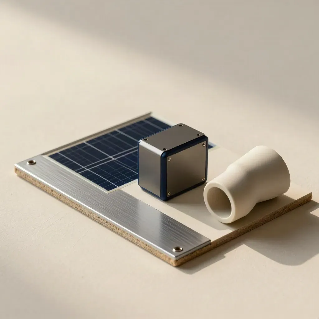 Solar panel corner, battery block, and conduit elbow on an off-white plaster surface