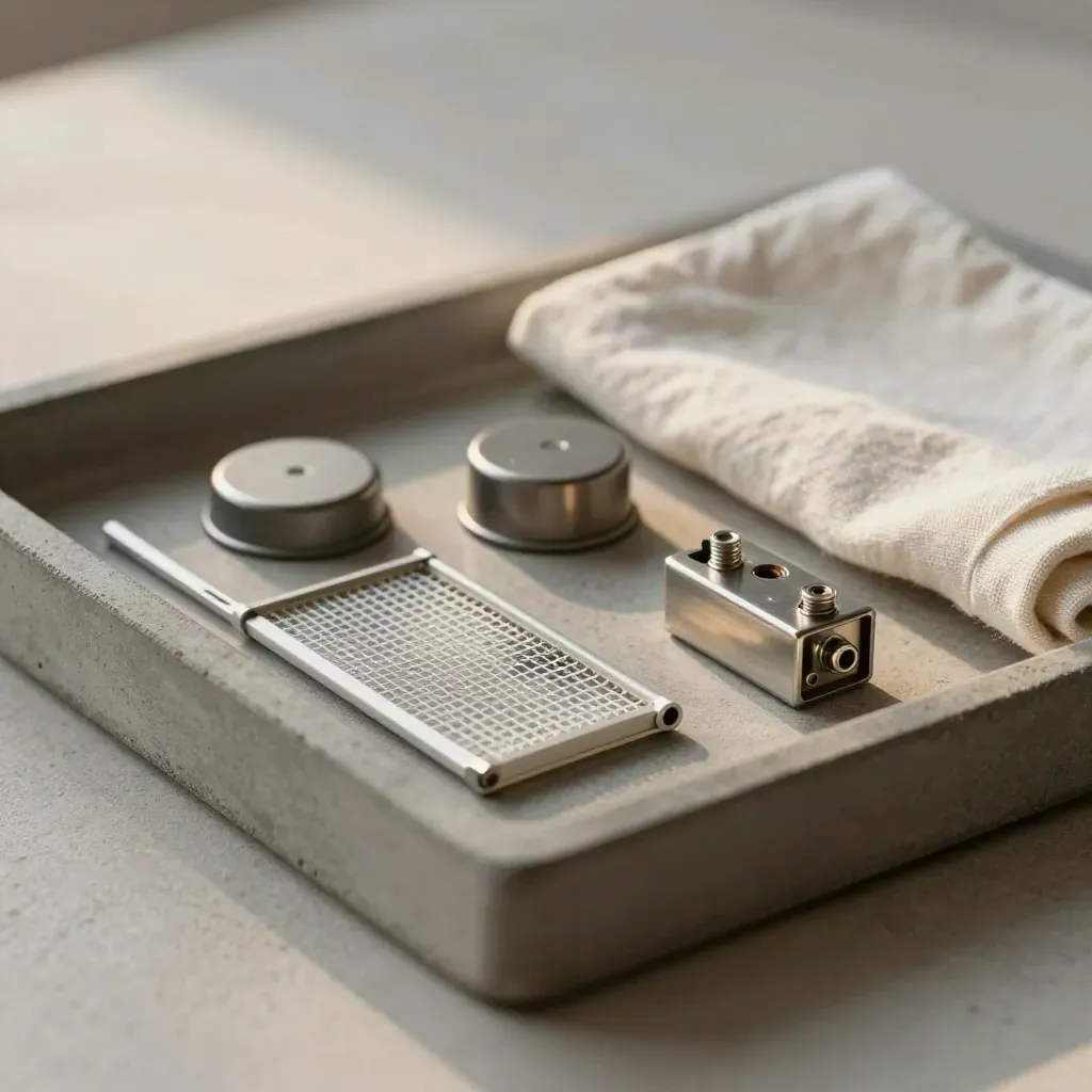 Solar maintenance parts on a concrete tray with a linen cloth, softly lit and minimal.