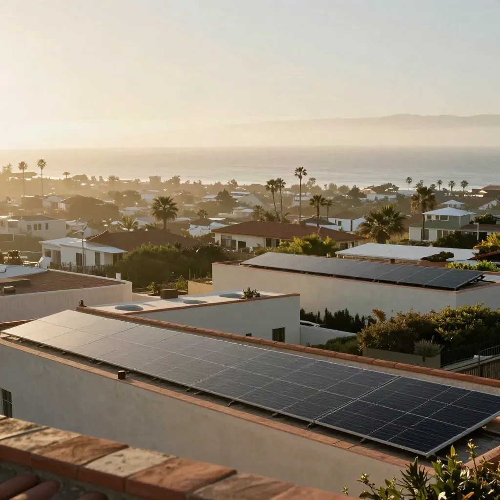 Orange County rooftops with solar panels, palms, and a hazy Pacific horizon at sunrise
