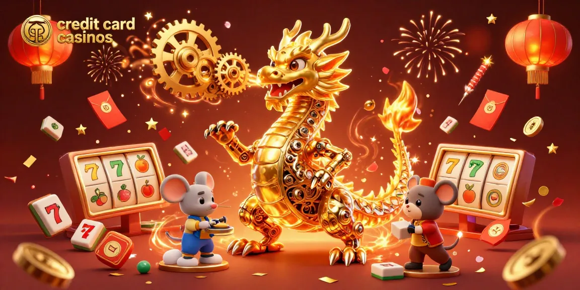 Experience thrill at credit card casinos with a golden dragon and dynamic gaming elements.