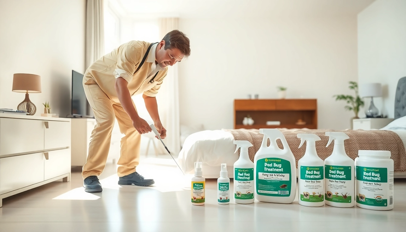 Implementing affordable bed bug treatment by a professional in a well-lit bedroom.