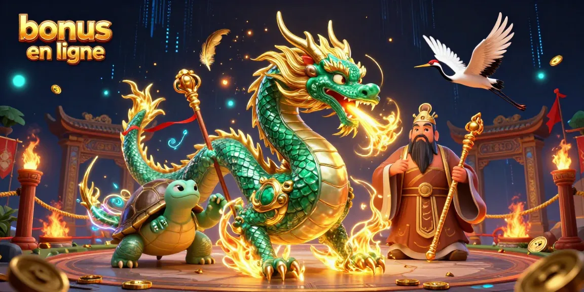 Découvrez les bonus casino en ligne alors qu'un dragon émeraude crache du feu parmi des pièces d'or et des éléments de jeu.