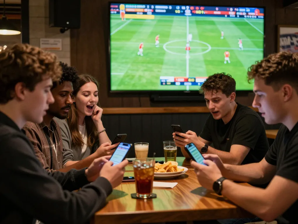 Engaging sports betting scene during Nhận Định Man United vs Fulham match, capturing friends excitedly placing bets on their smartphones