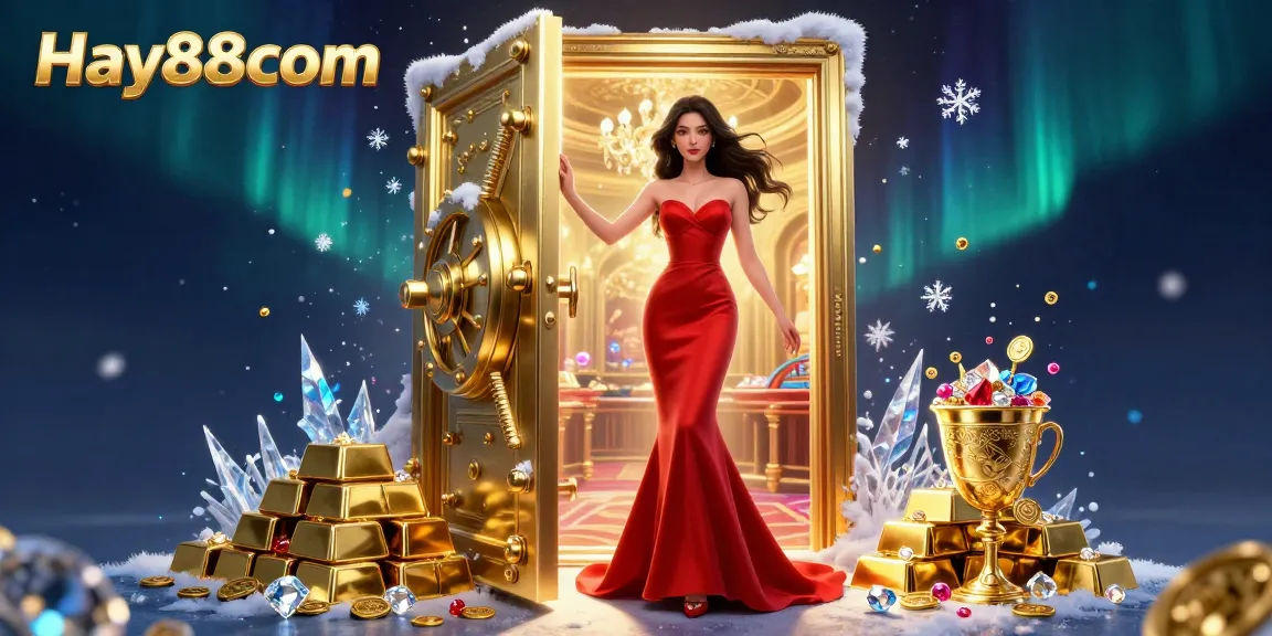 Experience exciting gameplay at Hay88com, where a glamorous Asian woman invites you into a luxurious casino realm filled with treasures.