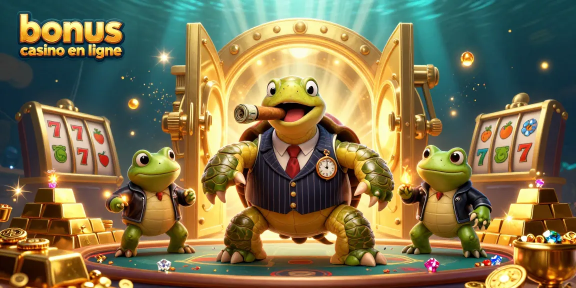 Bonus casino en ligne : illustration dynamique avec une tortue et des créatures au casino.