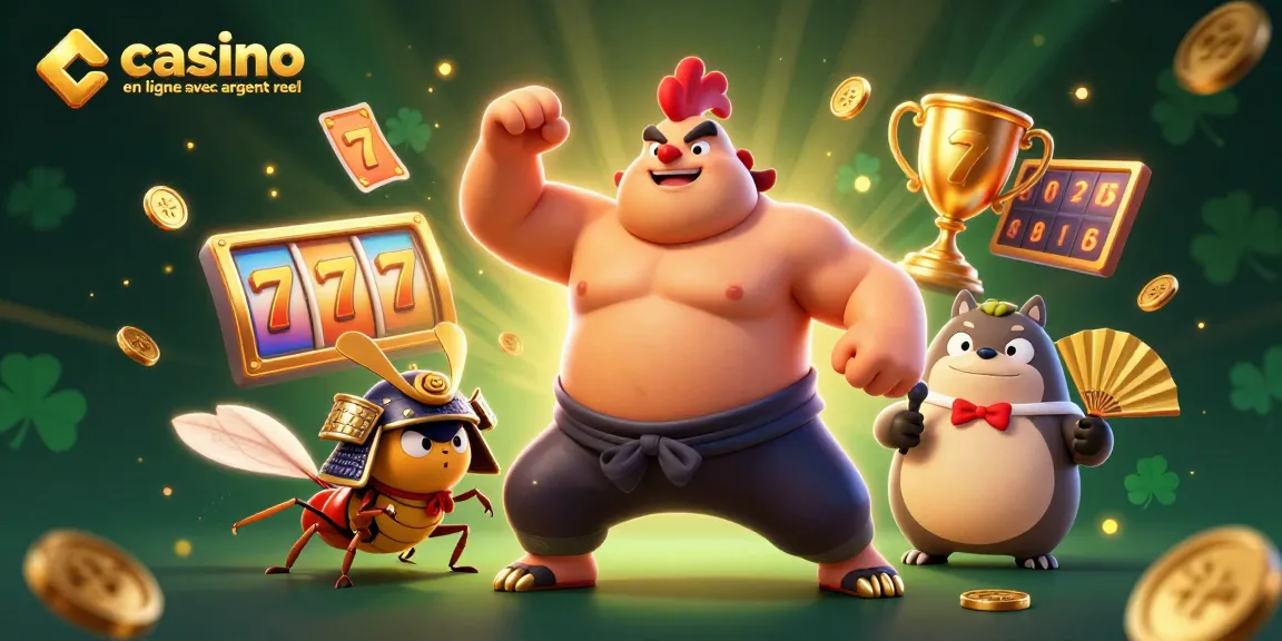Découvrez une scène animée de casino en ligne avec argent réel : un combattant en sumo, un cricket samouraï, et un annonceur tanuki entourés d'éléments de jeu.