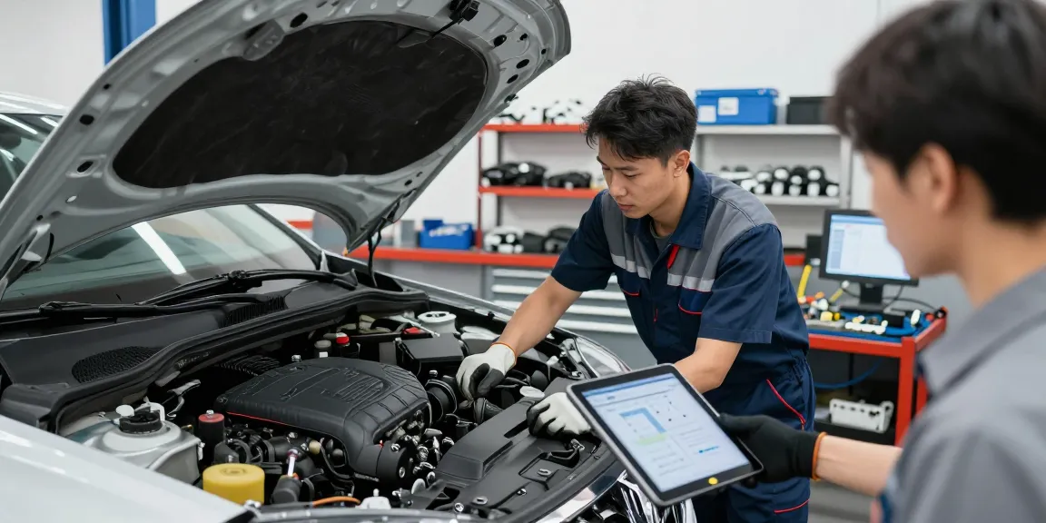 Professional mechanic performing a vehicle inspection near me, ensuring car safety and performance in a well-equipped service center.