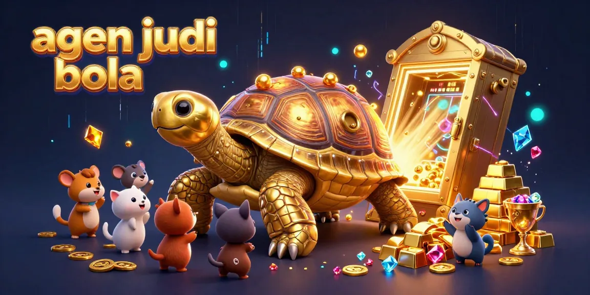 Play exciting games with agen judi bola in a colorful casino scene featuring a golden tortoise and treasures.