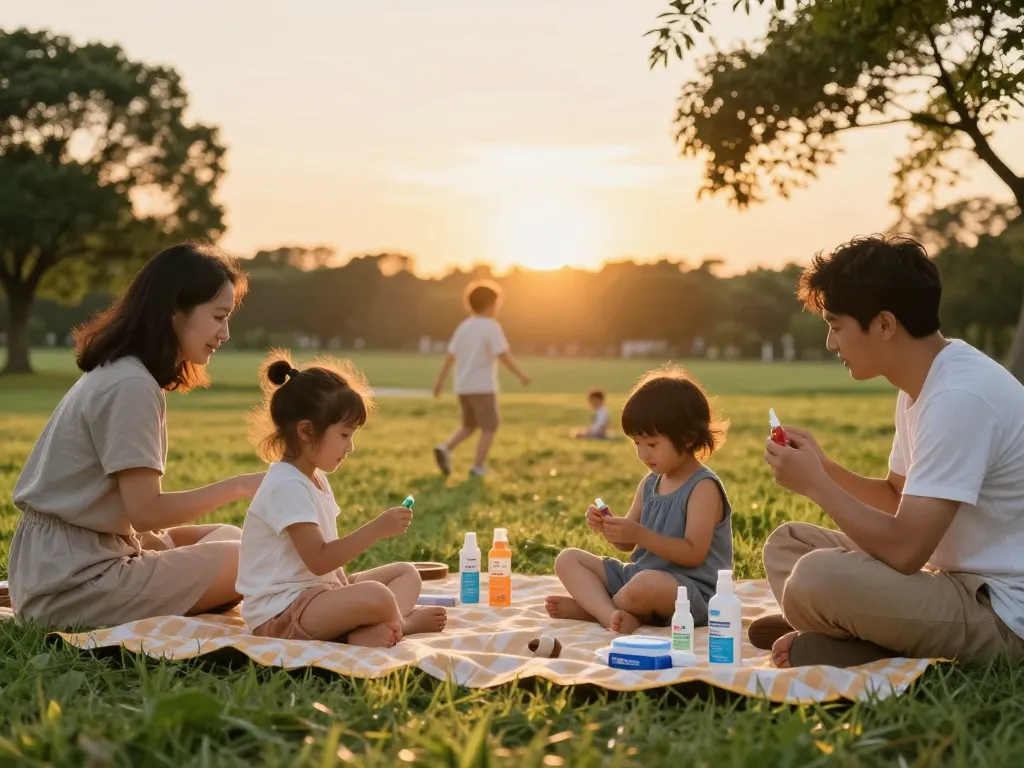 Families enjoying outdoors while applying mosquito repellent for effective protection at sunset