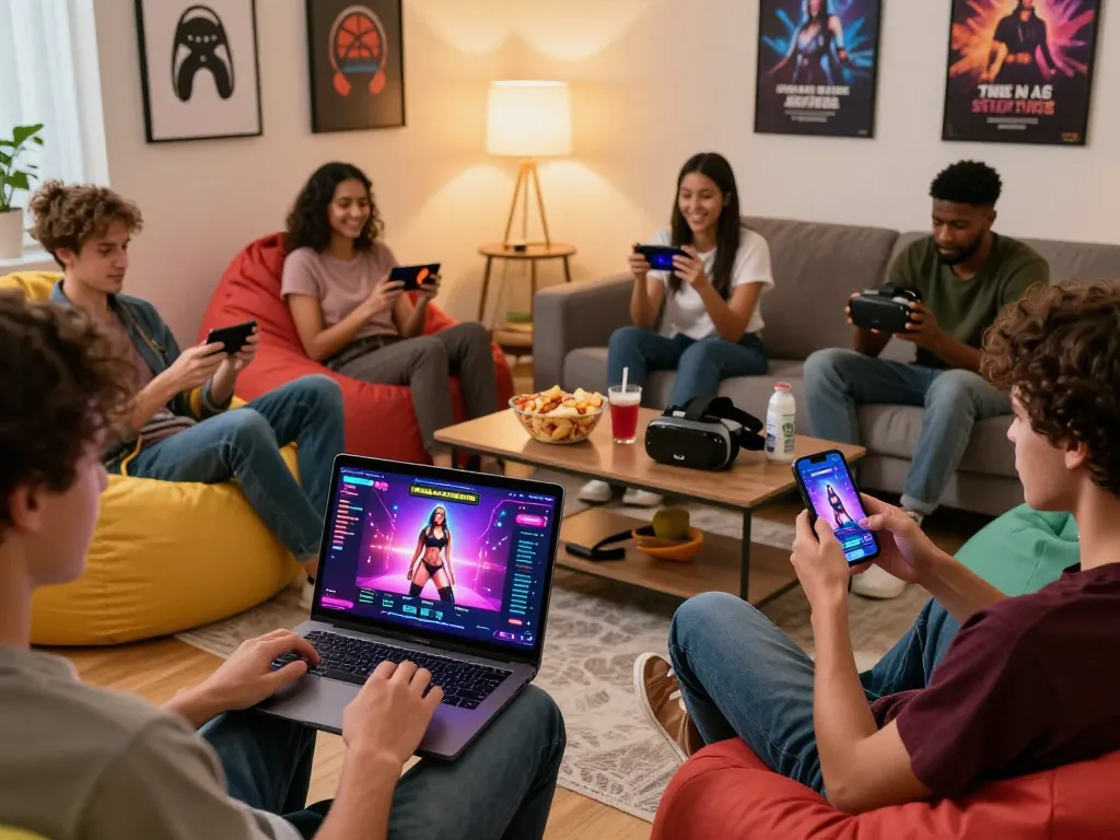 Players enjoying sex games online in a cozy setting, engaging with laptops and smartphones.