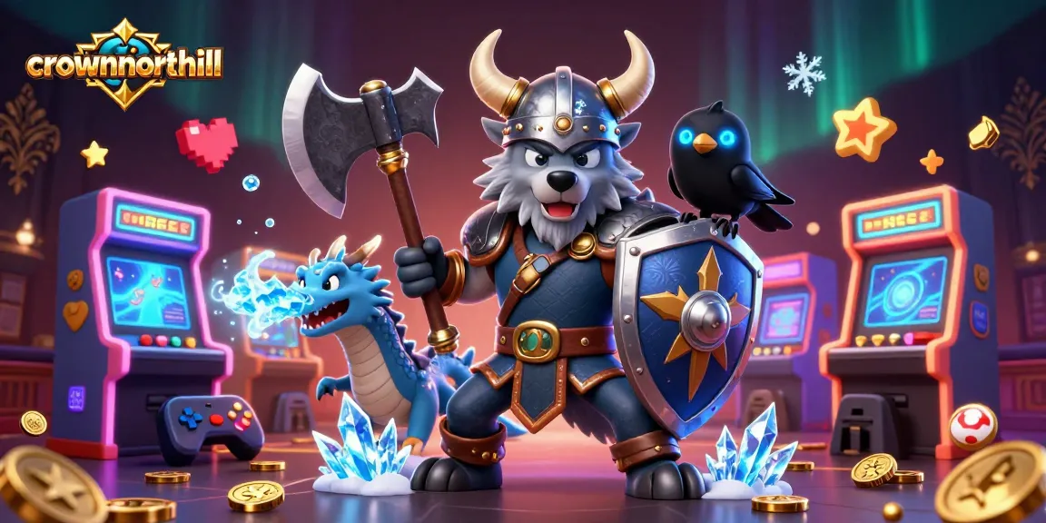 Crownnorthill showcases a vibrant illustration of a heroic Viking wolf warrior, dragon, and raven amidst colorful casino game elements.