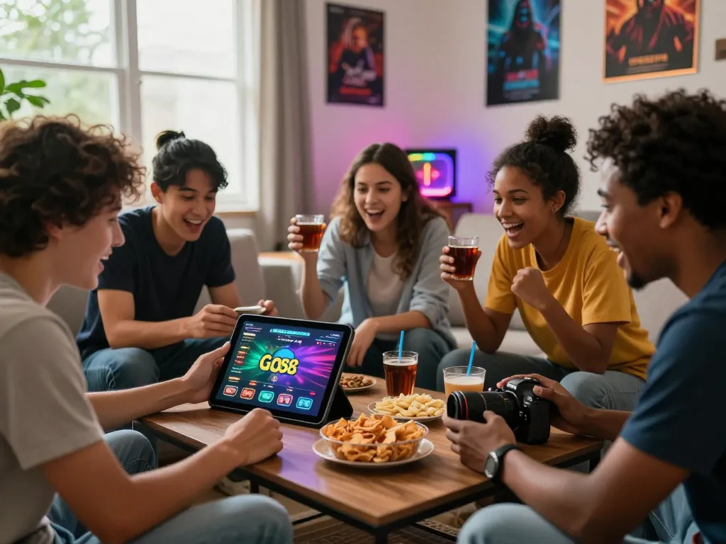 Excited friends playing tải go88 online games on a tablet in a cozy living room setting.