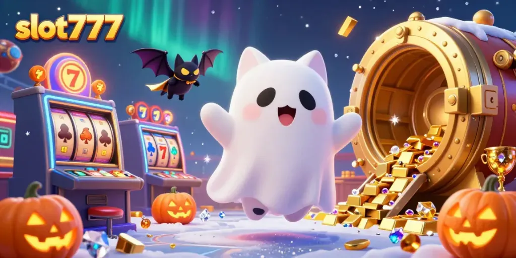 Menangkan jackpot dengan slot777, sambil dikelilingi karakter menggemaskan dan harta berkilau di kasino.