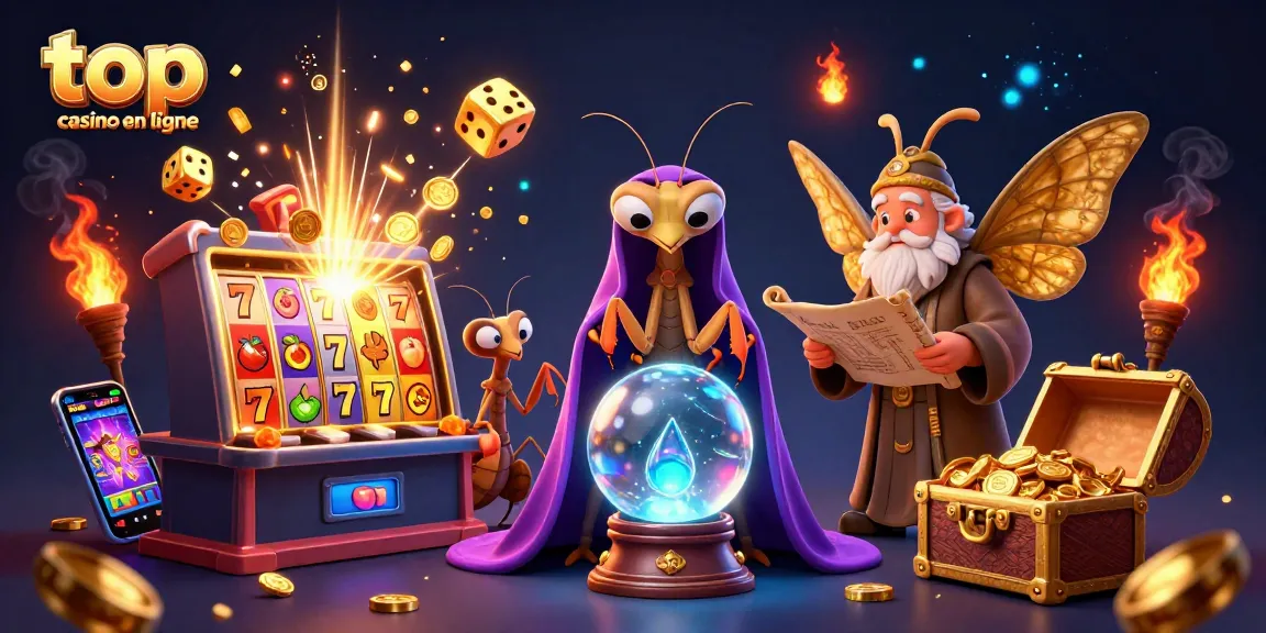 Découvrez le top casino en ligne avec une illustration vibrante de jeux de machine à sous et de personnages mystiques.