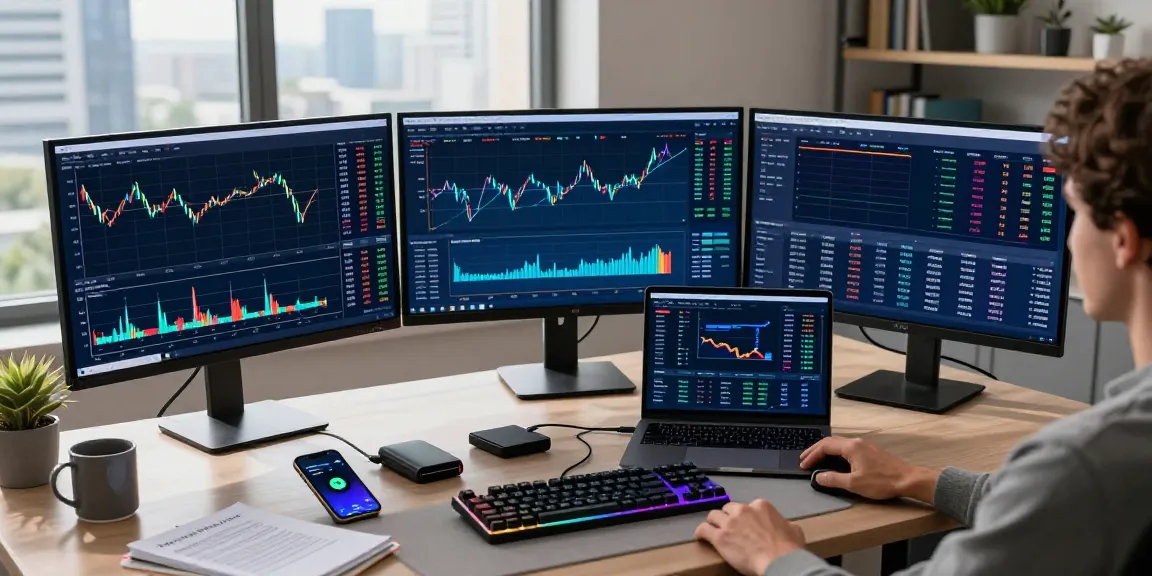 Passive bitcoin mining workspace with crypto trading setup, financial technology trading screens, and digital wallet integration.