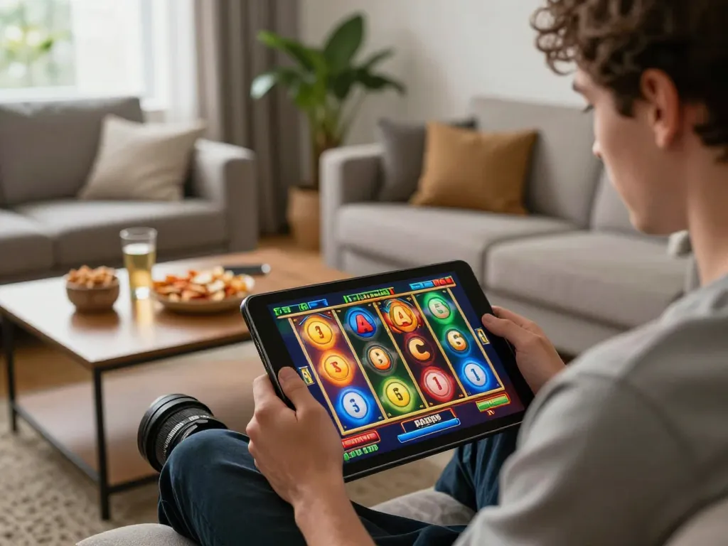Player enjoying paris888 online slots on a tablet in a cozy living room.