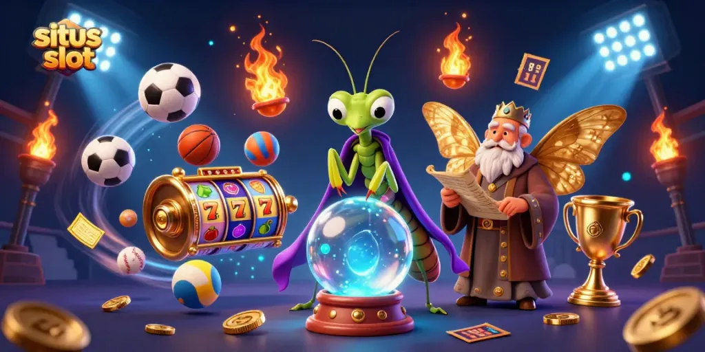 Engage with situs slot as a praying mantis fortune teller predicts jackpot wins in a vibrant casino environment.