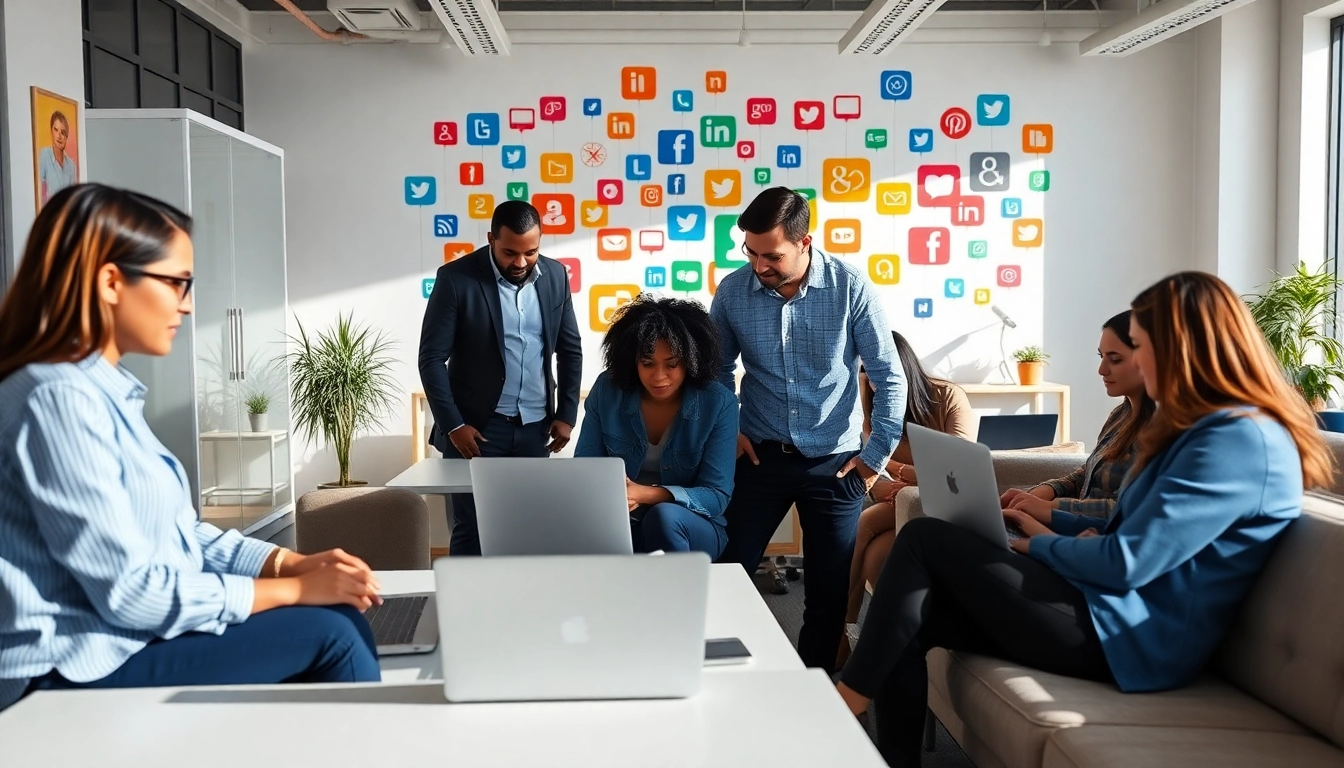 Collaborative workspace of a social media agency team brainstorming innovative strategies.
