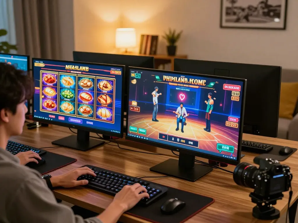 Engaging in thrilling slot thailand gameplay from a cozy home office setup, demonstrating strategic online betting