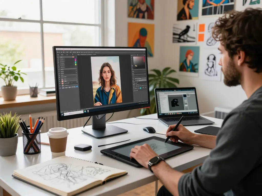 Artist using an AI image to prompt generator in a digital art workspace with tools and natural light.