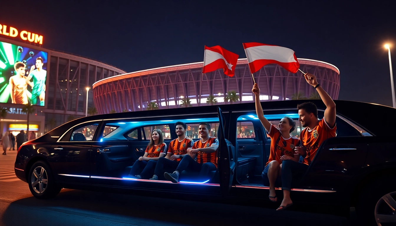 World Cup Group Transportation with fans enjoying luxury limousine ride to the stadium in Los Angeles.