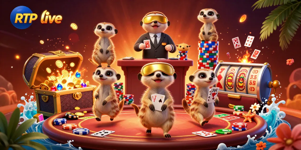 Engage with RTP live in an animated casino scene featuring meerkats handling a variety of gaming activities.