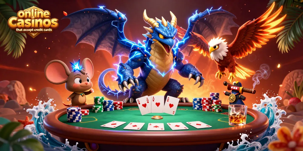 Engage with online casinos that accept credit cards featuring a dragon, hawk, and thunder mouse in a bustling casino setting.