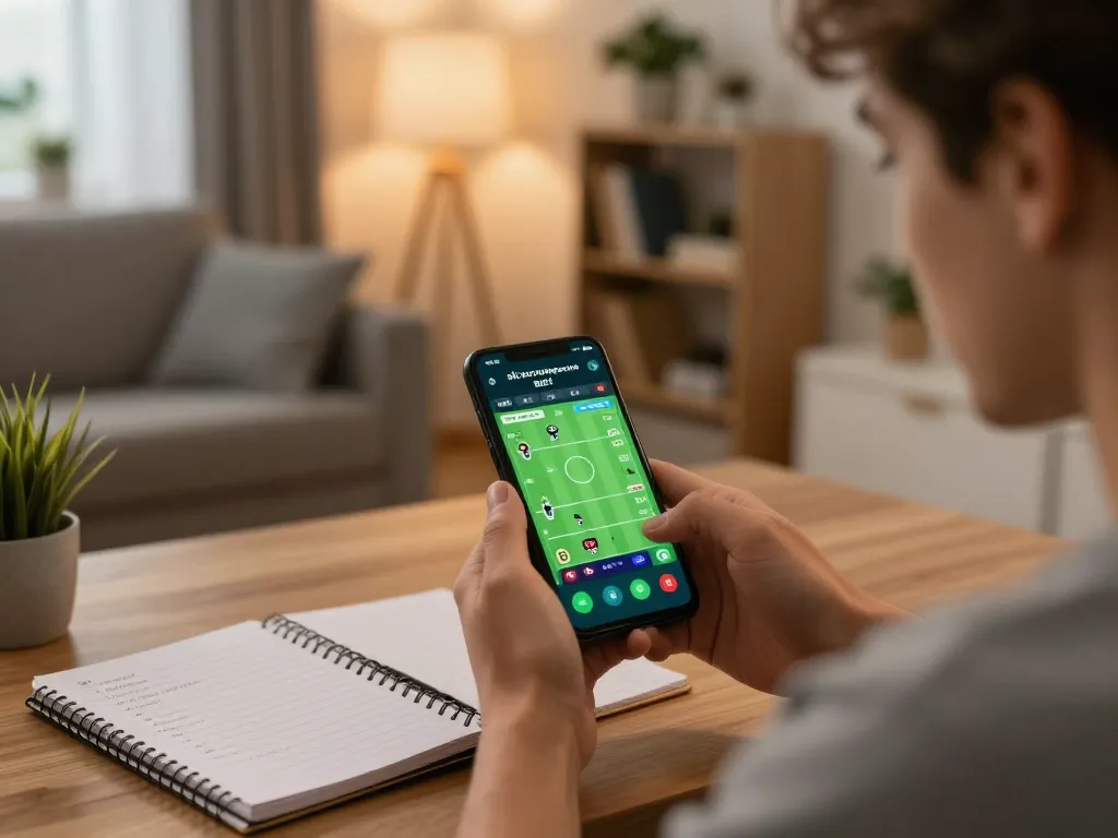 Person engaging in sports betting on mobile app with focus on siti scommesse esteri in a cozy living room.