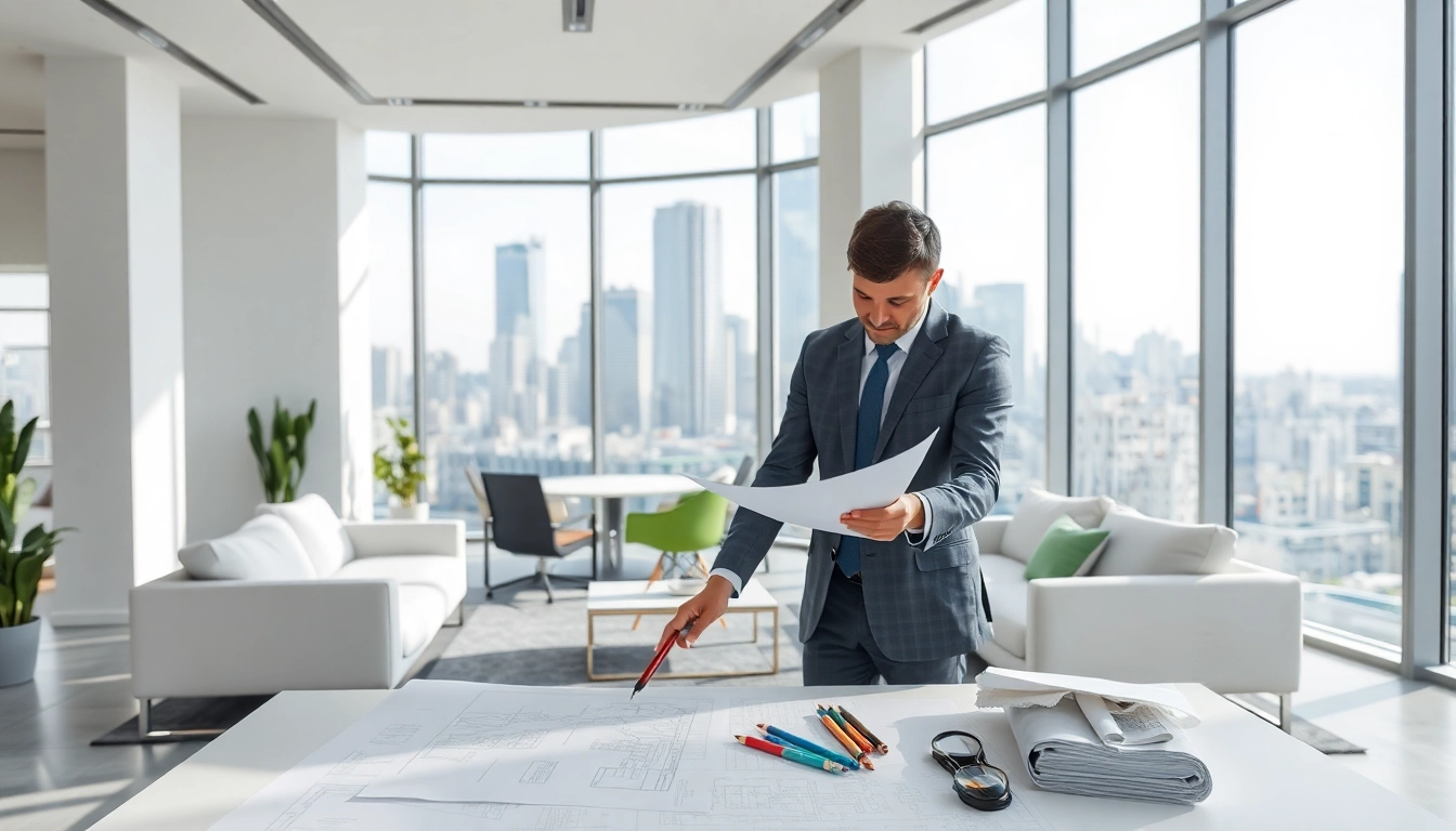 Interior architect sketching modern office design with city skyline in background.