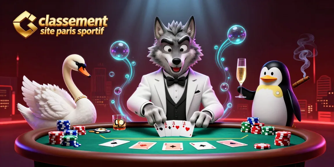 Classement des sites de paris sportifs : un loup en costume élégant, un cygne distribuant des cartes, et un pingouin sommelier dans un casino.