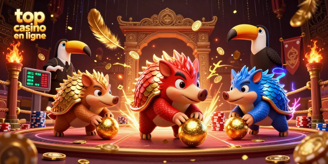 Actionner sur le top casino en ligne avec des pangolins jouant et des jetons de poker scintillants.