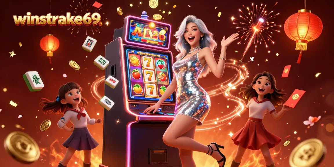 Celebrate big wins with winstrike69 in this vibrant casino scene filled with slot games.