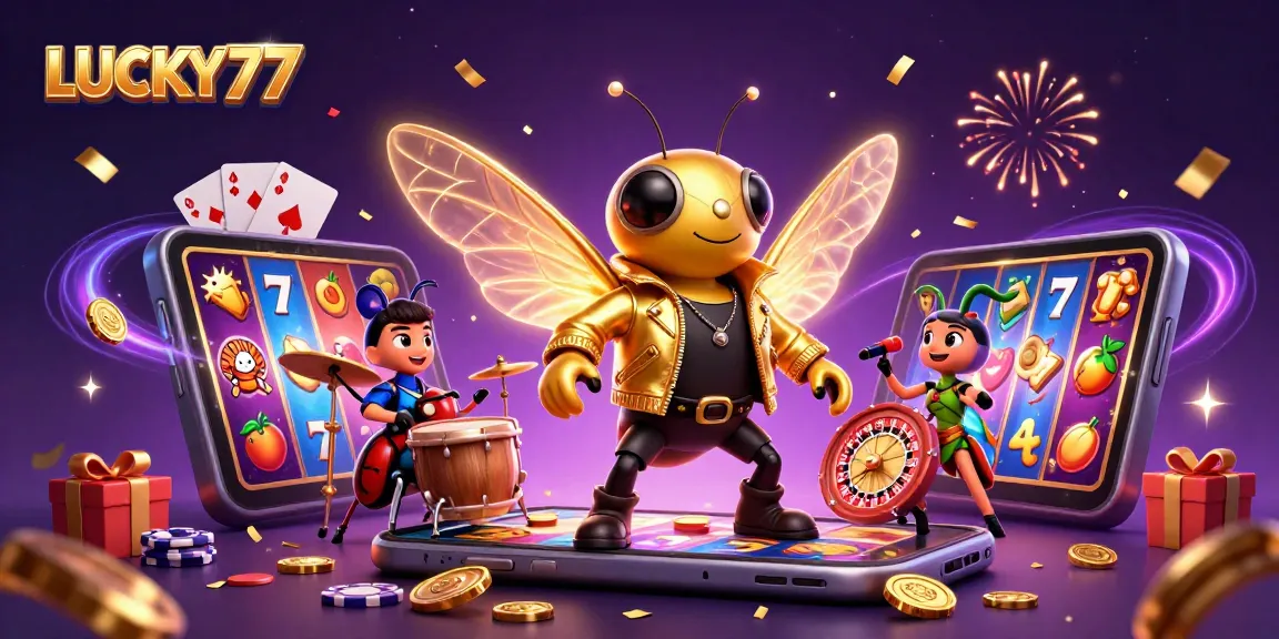 LUCKY77 spins the reels in a vibrant illustration of a cicada rock star in a casino setup.