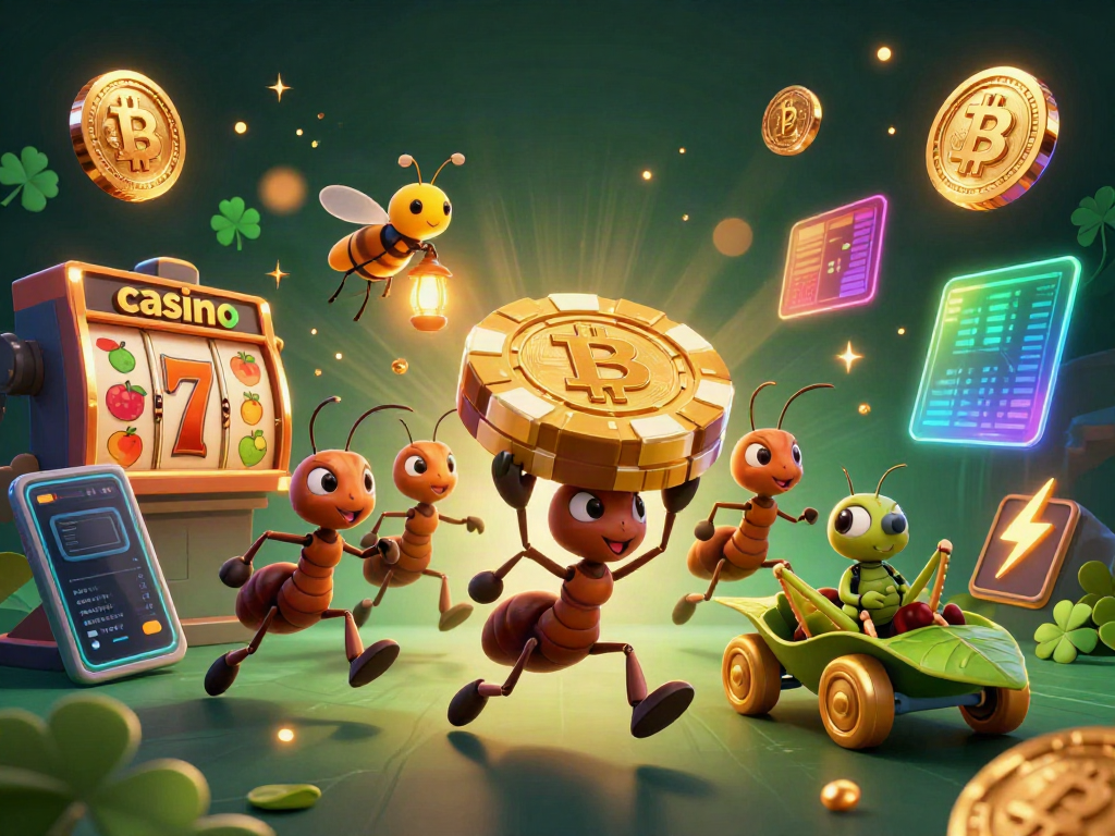 Ants in a casino heist carrying a giant poker chip surrounded by vibrant 3D gaming elements.