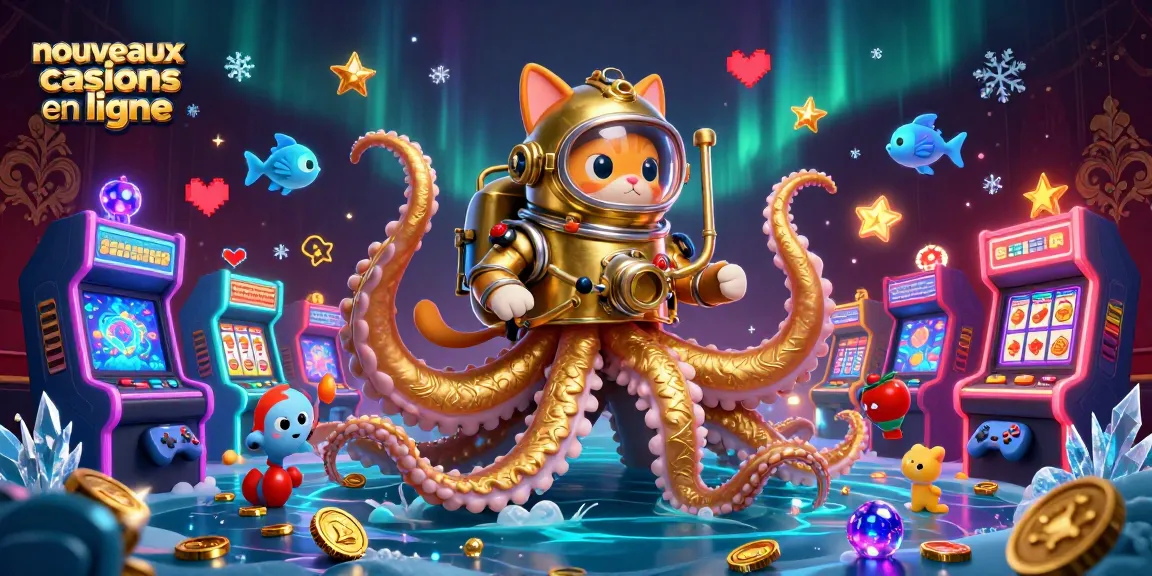 Illustration 3D dynamique des nouveaux casinos en ligne avec un kraken, un chat plongeur et des poissons bioluminescents.
