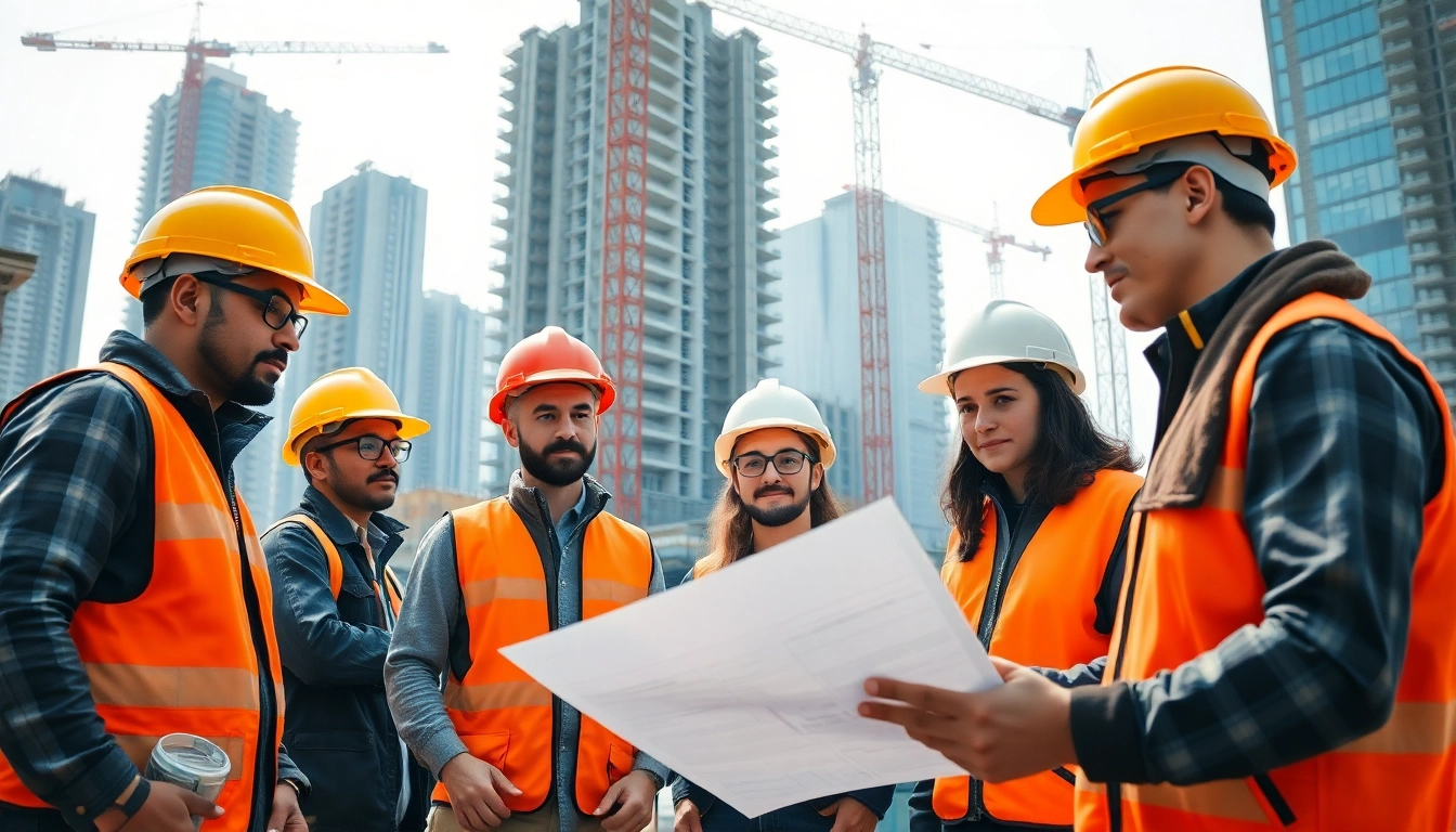 Workers demonstrating a construction career in a dynamic work environment, focused on safety and collaboration.