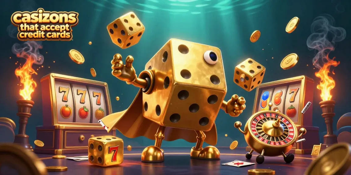 Experience the excitement of casinos that accept credit cards with a dynamic illustration featuring a golden dice golem and slot game elements.