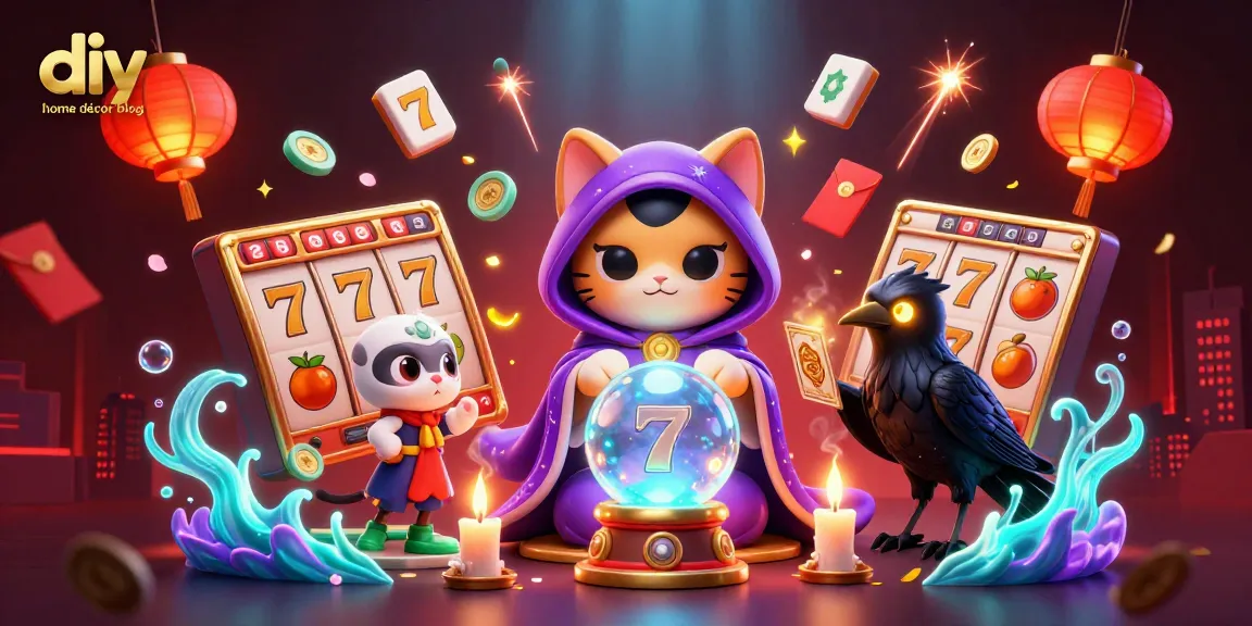 Engage with the thrilling world of a diy home décor blog featuring a cartoon fortune teller cat in a casino setting.